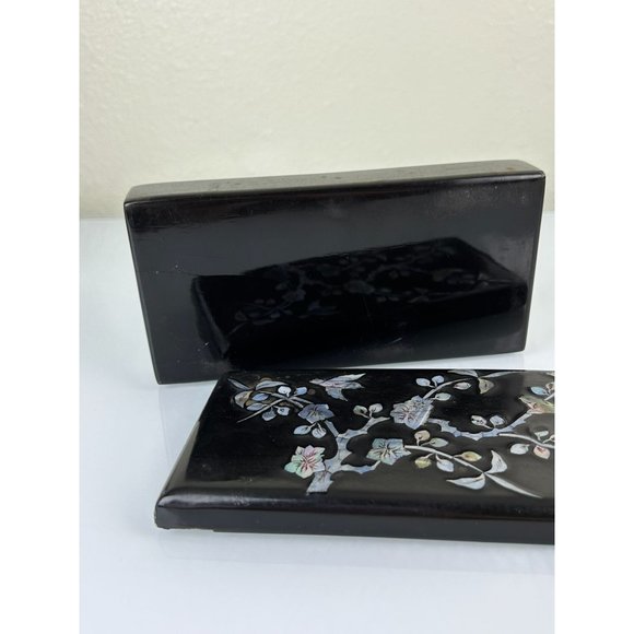 Vintage Oriental Black Lacquer Iridescent Mother Pearl Inlay Lidded Trinket Box - Picture 16 of 16